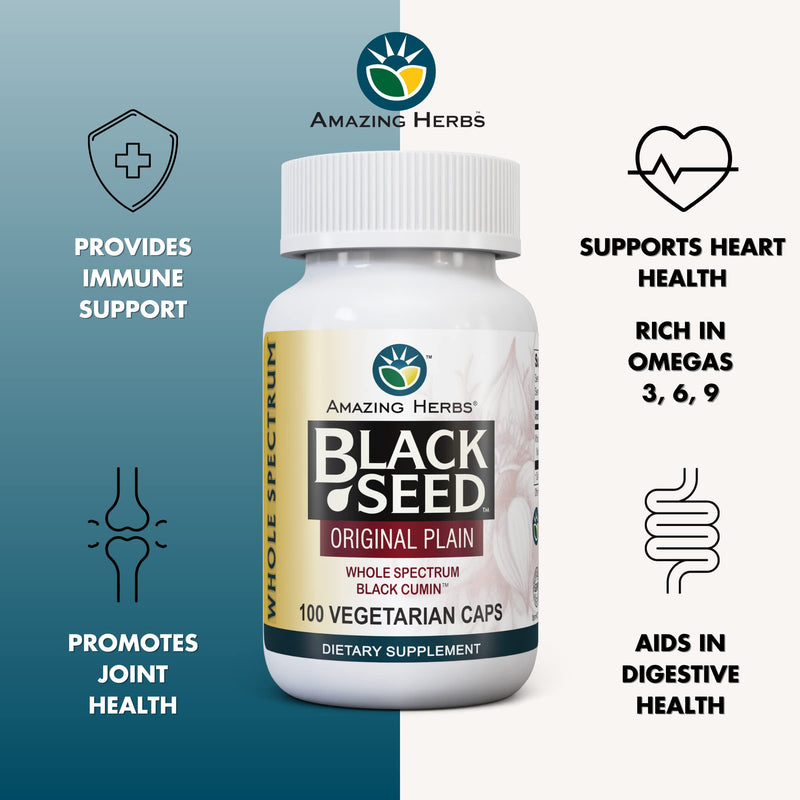 [Australia] - Amazing Herbs Whole Spectrum Black Seed Original Plain, Vegetarian Capsules - Gluten Free, Non GMO, Cold Pressed Nigella Sativa Aids in Digestive Health - 100 Count, 475mg 100 Count (Pack of 1) 