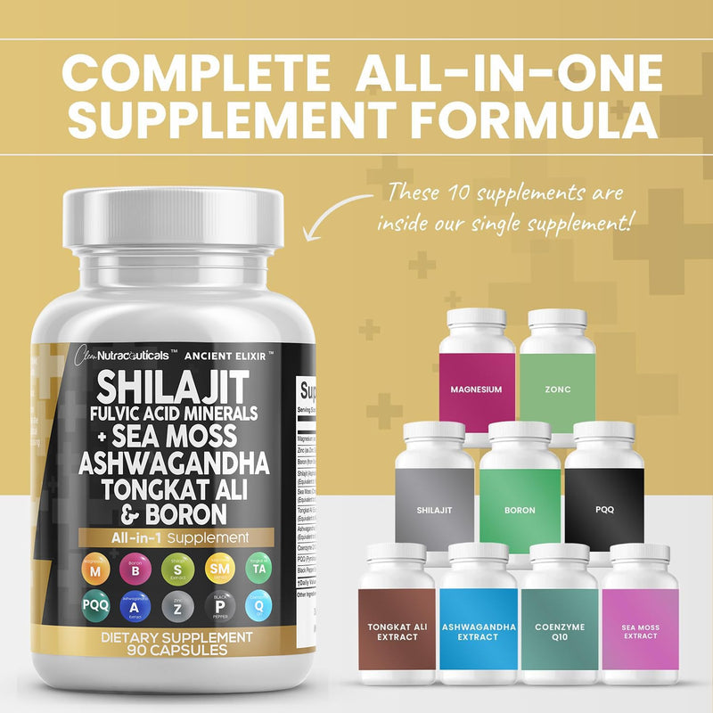 [Australia] - Shilajit Supplement 10,000mg with Sea Moss 6000mg, Ashwagandha 6000mg, Tongkat Ali, Boron, Magnesium - Fulvic Acid Capsules for Men - 90 Count 