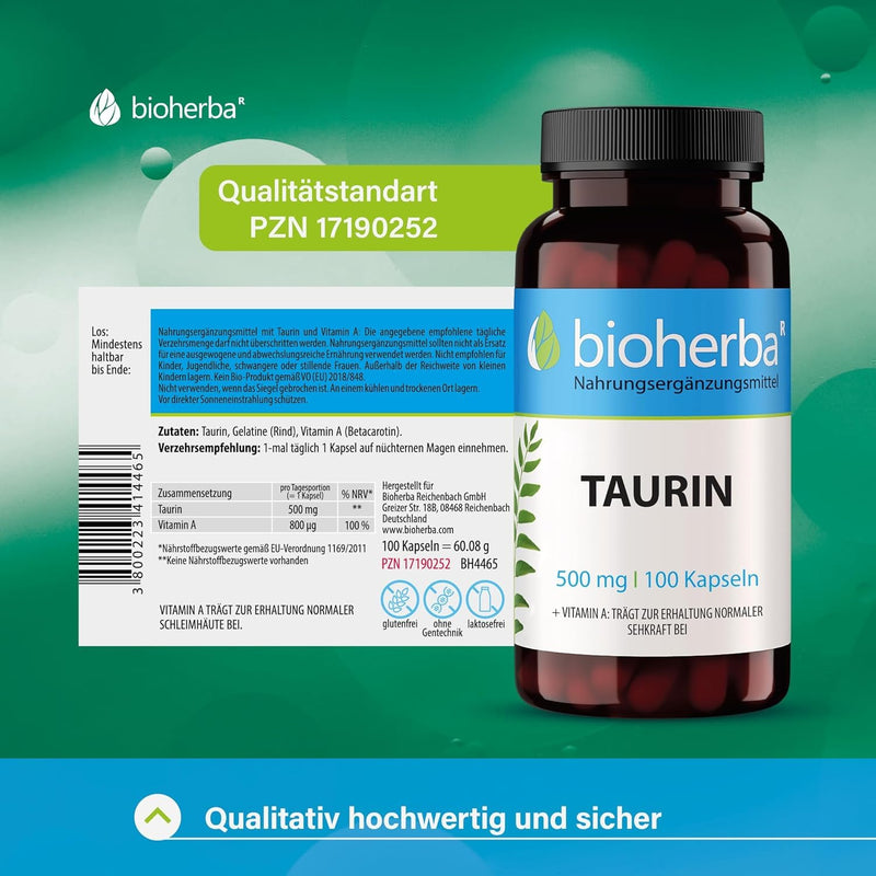 [Australia] - Taurine capsules, high dose 500 mg with vitamin A amino acids Taurine 100 capsules = 100 daily supply - for sports and fitness - pre-workout booster without caffeine - micronutrients - amino acid from BIOHERBA 