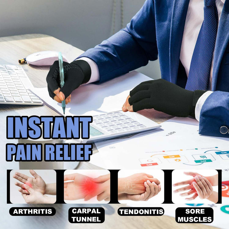[Australia] - 2 Pairs Copper Arthritis Gloves for Women Men, Compression Gloves with Adjust Strap for Arthritis, Wrist Support, Hand Pain, Fingerless Computer Typing Gloves for Carpal Tunnel, RSI (Large/X-Large) Large / x-Large Black 
