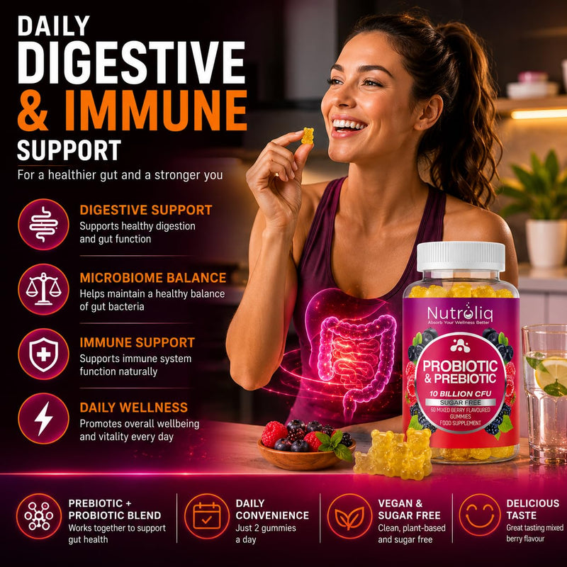 Nutroliq Prebiotic & Probiotic Sugar-Free Gummies - Gut Health Supplements for Women, Men, Kids to Support Digestive System, Immune System Booster - 10 Billion CFU Per Serving, Vegan - 60 Gummies 60 count (Pack of 1)