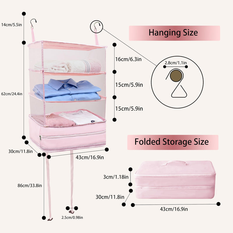 Hanging Travel Closet Organizer Suitcase Shelves Portable Carry on Closets for Hanging Packing Cubes Storage,XL,Pink