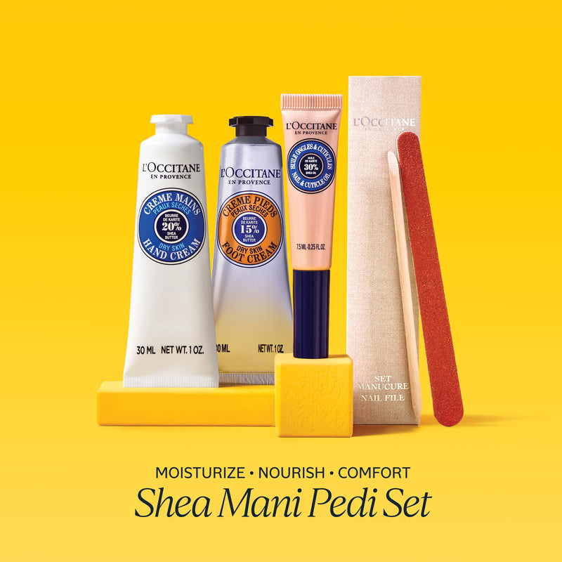 L'OCCITANE Shea Mani Pedi Set: Soften, Moisturize and Comfort Skin, Set Includes Shea Butter Hand Cream, Foot Cream, Nail & Cuticle Oil, Gift Set New