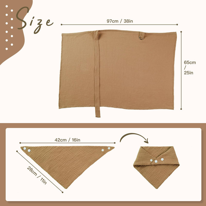 [Australia] - Muslin Nursing Cover for Breastfeeding, Breathable 100% Cotton Privacy Nursing Covers with Rigid Hoop for Mother Nursing Apron, Include Two Baby Bibs, Soft Arch Neckline Nursing Apron Brown 