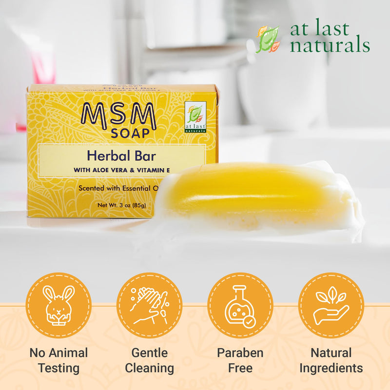 At Last Naturals MSM Soap Bar Body Soap for Men and Women Fine Line Wrinkle Reduction Herbal Moisturizer with Aloe Vera Vitamin E Essential Oils Deep Cleansing for Sensitive Skin 3 Ounce (Pack of 1) 3 Ounce (Pack of 1)