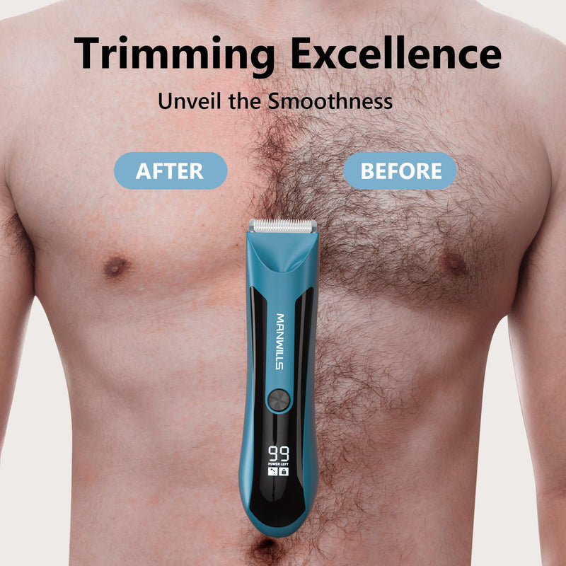 Body Hair Trimmer Men - Body Groomer, Groin Hair Trimmer for Men Waterproof Wet/Dry Use, Electric Ball Trimmer/Shaver with Charging Dock, Male Hygiene Razor, Mens Grooming Kit Blue
