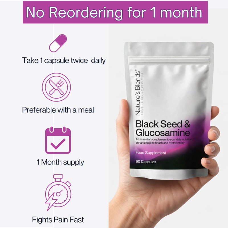 Nature’s Blends Black Seed Oil Capsules 500mg - Cold Pressed Nigella Sativa Capsules with Glucosamine – High Strength Omega 6 & 9 for Immune Support, Hair & Joint Health – 60 Softgels