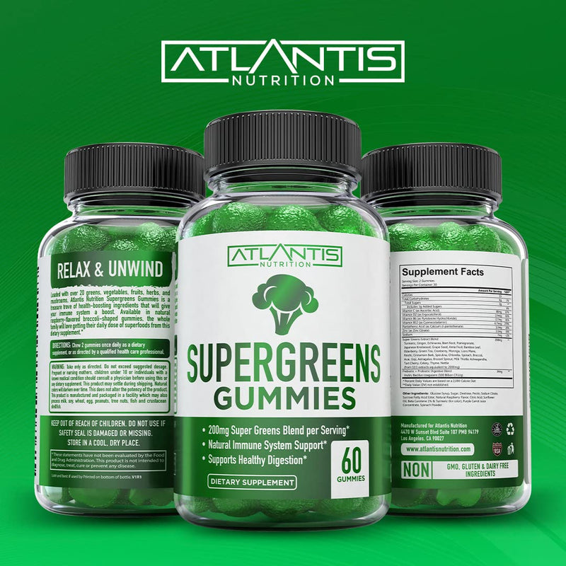 Atlantis Nutrition 60 Tart Cherry Gummies + 60 Supergreens Gummies.