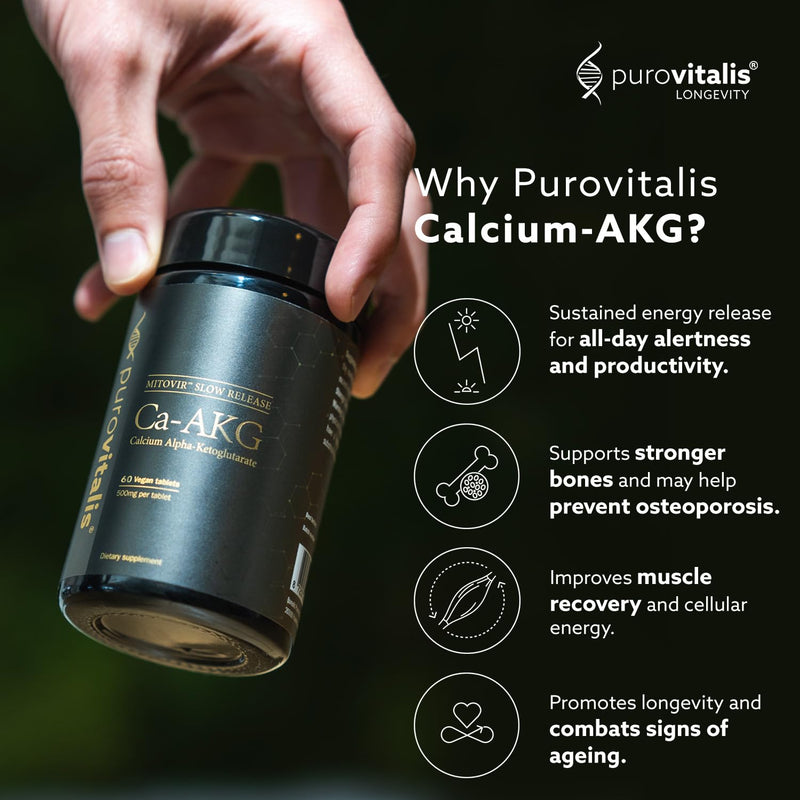 PUROVITALIS Calcium AKG (Ca-AKG) 600mg with L-Carnitine, CoQ10 & Vitamin B12, Bone Strength & Energy Supplement, 1-Month Supply (60 Vegan Capsules)