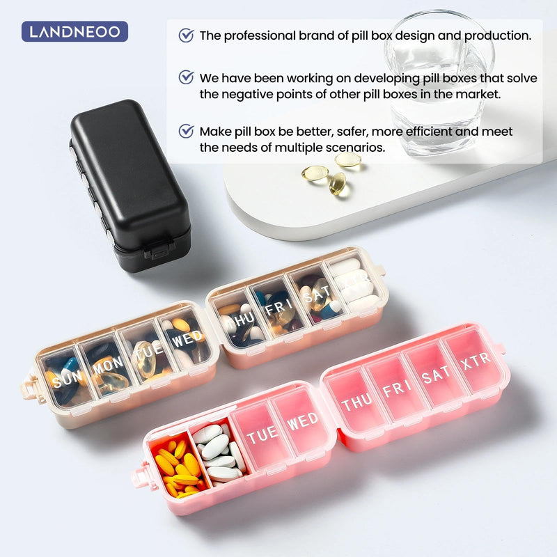 Foldable & Portable Weekly Pill Organizer, Week Daily 7 Day Travel Pill Box | 1 Time A Day, with 1 Extra Compartment, Double Lock, Large Medicines Case Holder Dispenser for Med, Vitamin, Supplement,Khaki Khaki