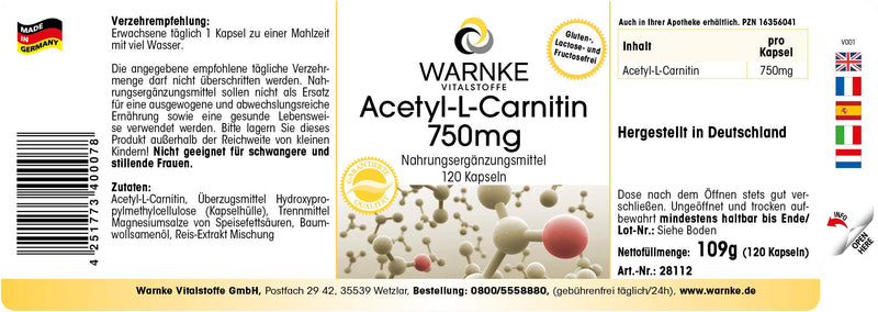 [Australia] - Acetyl-L-Carnitine capsules - 750mg - 120 capsules - high dosage - vegan | Warnke vital substances - German pharmacy quality 