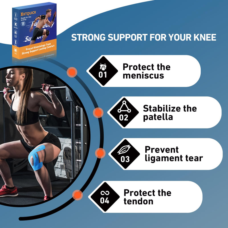 PreCut Kinesiology Tape for Knees, 24PCS Waterproof KTQUICK Knee Tape for Knee Pain Relief Pre Cut, Original Cotton Athletic Knee Tape, Waterproof & Hypoallergenic Latex-Free for Sports(Blue) Blue