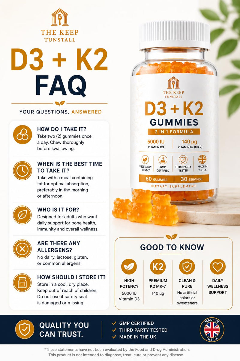 Vitamin D3 + K2 Gummies – Supports Bone Health, Immune System and Muscle Health – 2-in-1 Formula for Bone, Heart & Immune Support – Vegan, Sugar-Free, Gluten-Free – 60 Gummies - 30 Day Supply