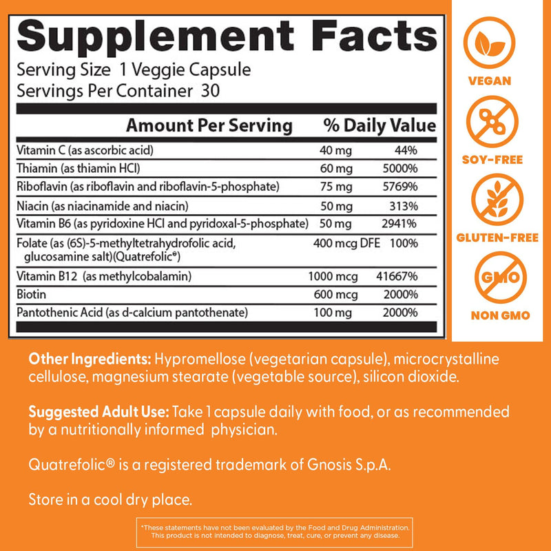 Doctor's Best Fully Active Vitamin B Complex Supplement for Men & Women - Super Complex with Methylated B12 & Folate, B6, Biotin, Pantothenic Acid, & More, Energy Support Caps - 30 Veggie Capsules 30 Count (Pack of 1)