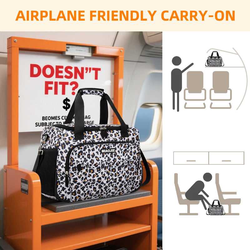 Travel Duffle Bag for Women, Underseat Carry On luggage Bag Foldable Overnight Weekender Hospital Bag Lightweight Airplanes Personal Item Travel Tote Bag for Women Birthday Gifts, 16IN Leopard Print