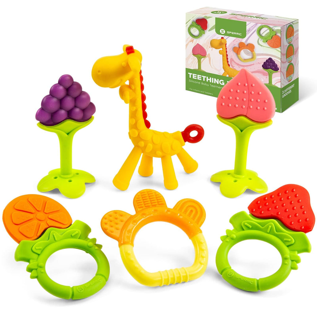 Teethers for Babies 0-6 Months - Newborn Infant Baby Teething Toys - Freezer Safe Silicone Baby Teether - Frozen Teething Toys for Babies 0-6 Months - Baby Teethers Chew Toys 6 Pack -Perfect Baby Gift Fruits & Animal