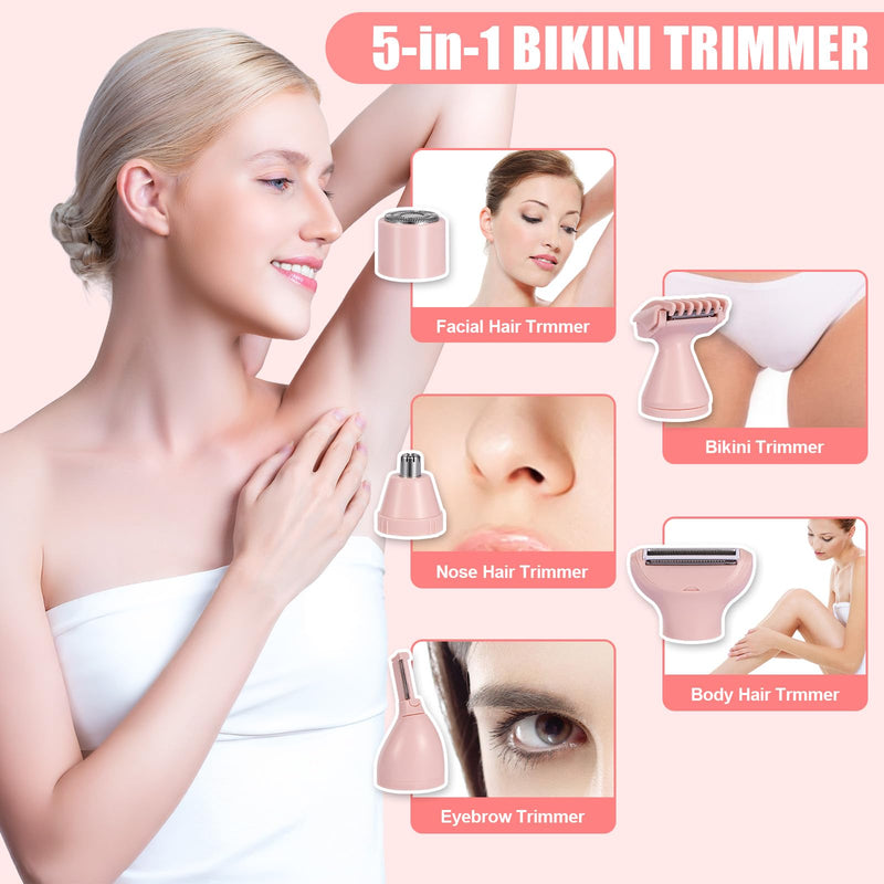 [Australia] - Bikini Trimmer for Women, 5 in 1 Rechargeable Electric Razors Waterproof Wet/Dry Use Body Hair Trimmer for Women & Men Pubic Hair, Private Area, Legs, Face, Nose, Eyebrow, Body (Pink) 