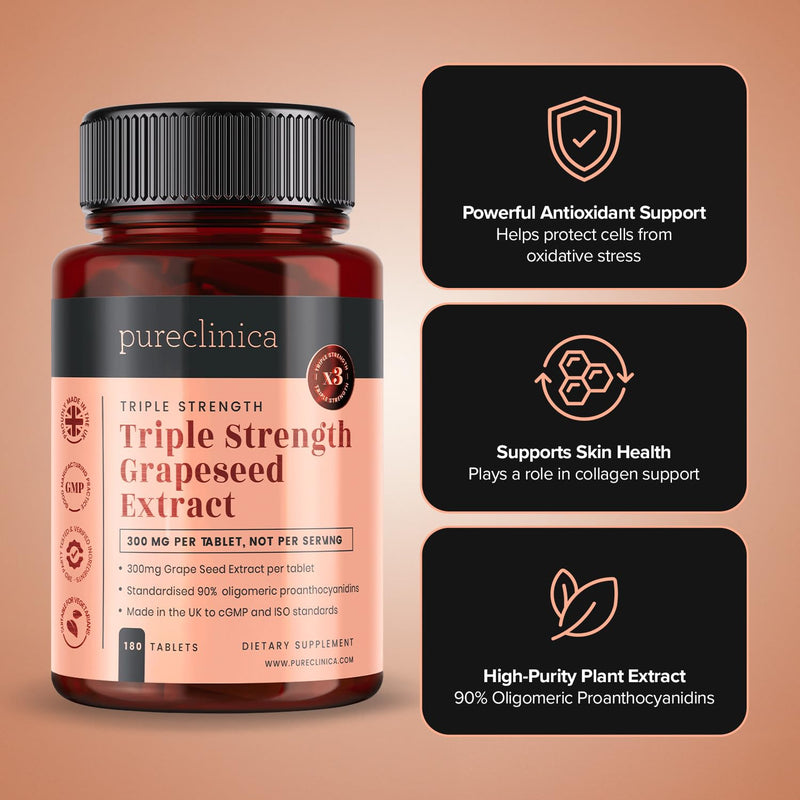 2-Pack Grapeseed Extract 300mg Tablets – Triple Strength with 90% OPCs – Powerful Antioxidant Support for Skin & Overall Health – 360 Tablets, 12 Month Supply – Made in UK 180 count (Pack of 2)