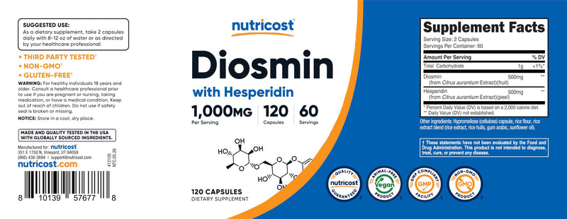 Nutricost Diosmin with Hesperidin (1000mg) Complex 120 Capsules, Vegan | 500mg of Diosmin and 500mg of Hesperidin per Serving, 60 Servings, GMO-Free, Gluten-Free 120 Count (Pack of 1)