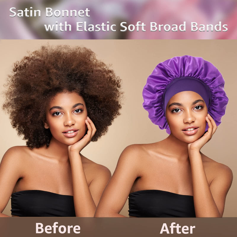 [Australia] - 3 Pack Satin Bonnet Silk Bonnet for Sleeping, Bonnets for Black Women Bonnet for Sleeping Large Sleep Cap, Wide Soft Band Bonnet for Curly Hair Set C 