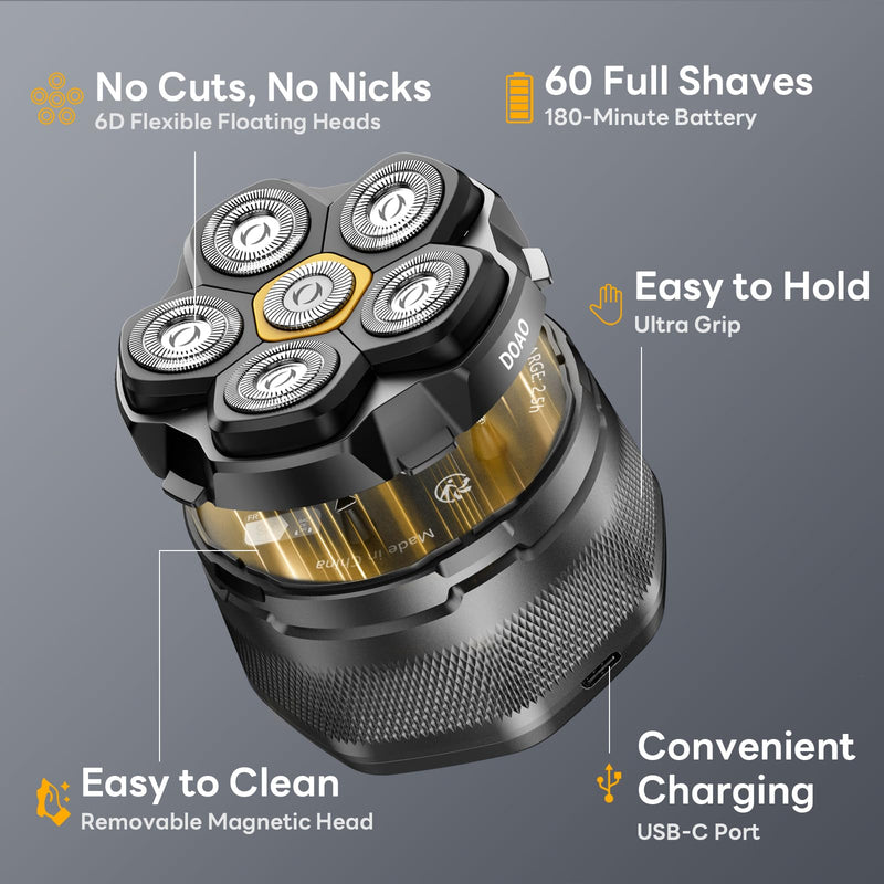[Australia] - Head Shavers for Bald Men, 6D Magnetic Floating Blades, Smooth Shave in 3 Minutes, USB-C Rechargeable, 180min Runtime, Wet & Dry, Easy Clean, Anti-Slip Design(A6-Plus) A6-New 
