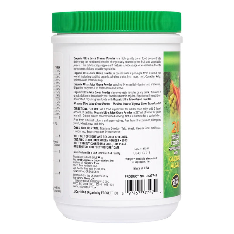 NaturesPlus Ultra Juice Green Powder - Organic Superfoods, Probiotics, Herbs, Spirulina, Chlorella, Chlorophyll - Gluten Free - 300g Powder