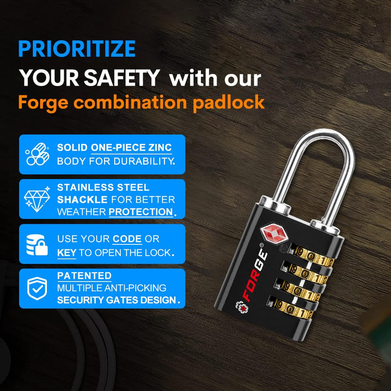 Forge Dual-Opening: Key or Combination Access Lock, Use Key to Recover Code If Forgotten, TSA Approved Locks for Luggage, Pelican case, Travel, Gym, School, Stainless Steel Shackle.(Black 6 Pk) Black