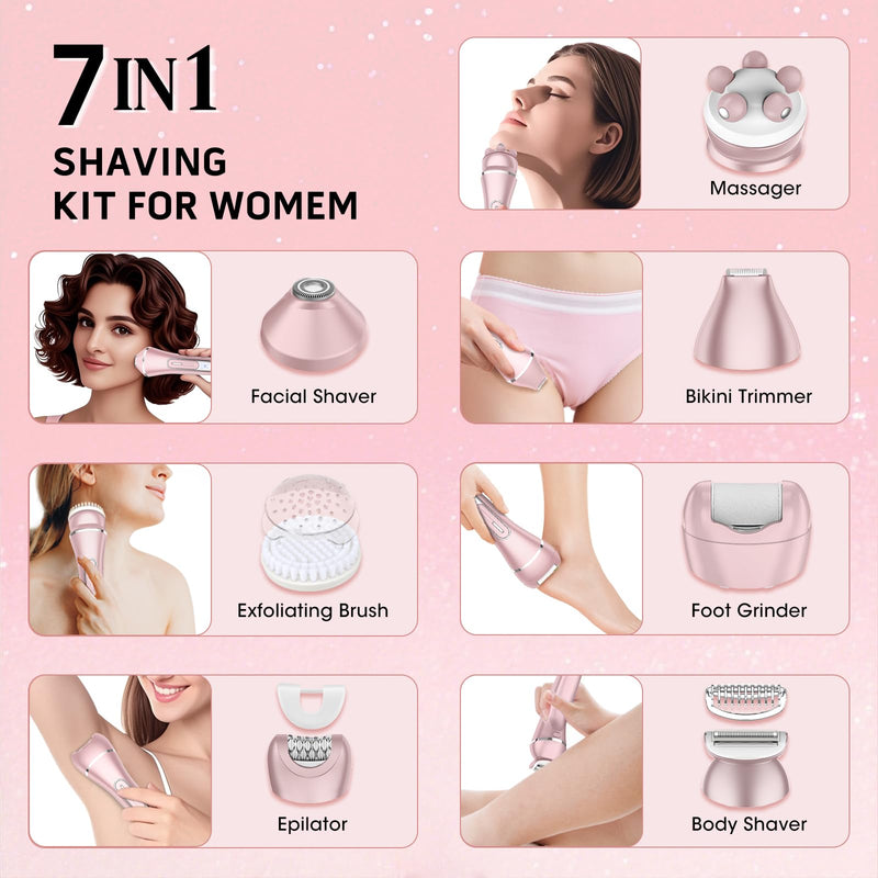 [Australia] - Electric Shavers for Women, 7 in 1 Hair Removal Kit with Epilator Bikini Trimmer Face Razor Body Brush Face Massager Foot Callus Remover, IPX7 Waterproof Lady Razors Set for Legs Armpit Bikini Pubic Pink 