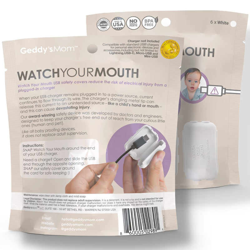 [Australia] - Watch Your Mouth Baby Proof Cord Cover | Award-Winning USB Charger Cover for Baby Proofing Cords | BPA & Phthalate-Free Charger Cover Protector | Electrical Safety Baby Products, (6-Pack, White) 