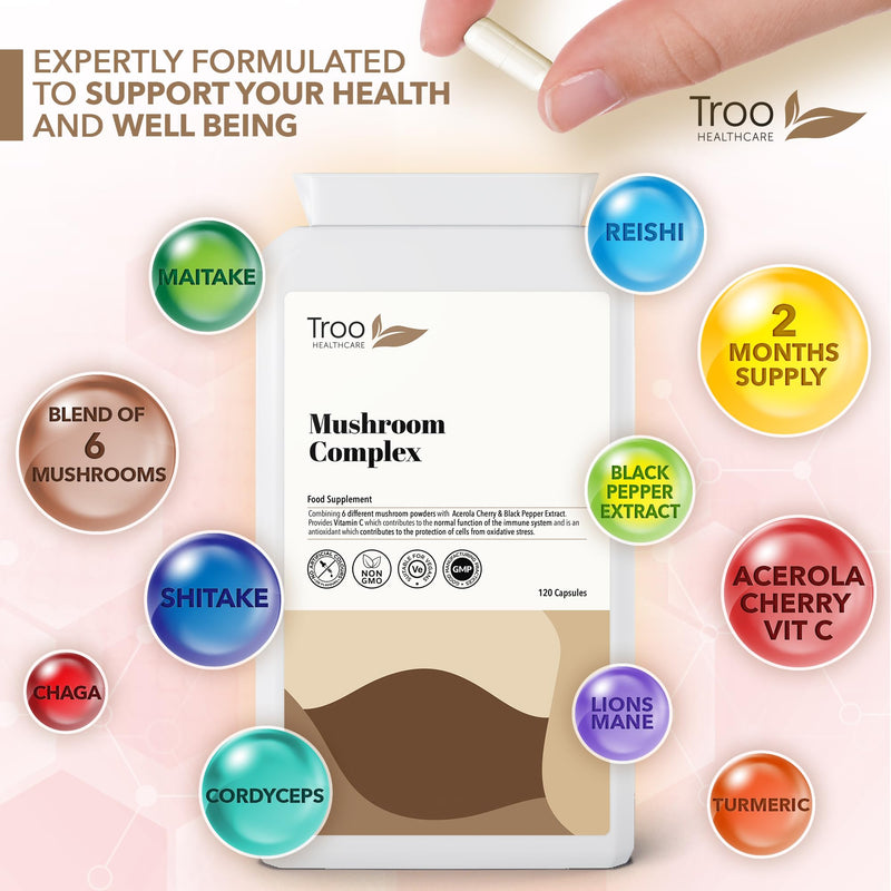 Troo Health Care Mushroom Complex 120 Capsules - 6 Shrooms with Acerola, Turmeric & Black Pepper - Maitake, Reishi, Shiitake, Chaga, Cordyceps, Lion's Mane - Soil Association Certified
