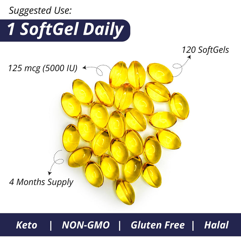 WOW Supplements Vitamin D3 5000 IU Softgels, 125 mcg - Vitamin D3 5000IU Supplement for Strong Bones and Immune Support - Non-GMO, Gluten Free Vitamin D 125 mcg - VIT D3 5000 IU Softgels - 120 Count
