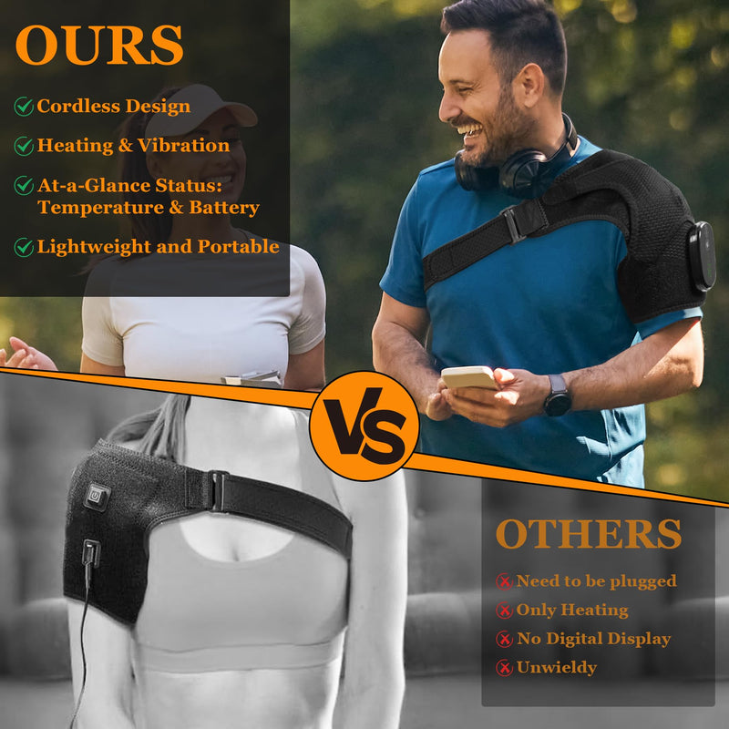 Cordless Shoulder Heating Pad & Massager, Electric Heated Shoulder Brace Wrap, Heating Pads for Rotator Cuff and Frozen Pain Relief,5000mAh Chargeable Powered, Men & Women(Black)