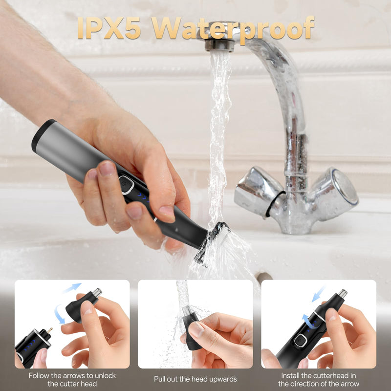[Australia] - Rechargeable Nose Hair Trimmer for Men, 3-in-1 Painless Eyebrow Trimmer, Waterproof Electric Razor for Beard, Ear, Face, Body, Cordless Grooming Kit with Adjustable Rotating Comb, USB-C Fast Charging 