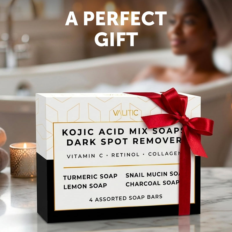 VALITIC Kojic Acid Soap Bars - Turmeric, Snail Mucin, Charcoal and Lemon - Holiday Skin Care Beauty Set Gift 4 Assorted Dark Spot Remover Soaps with Hyaluronic Acid, Vitamin C, Vitamin E, Shea Butter Variety Pack