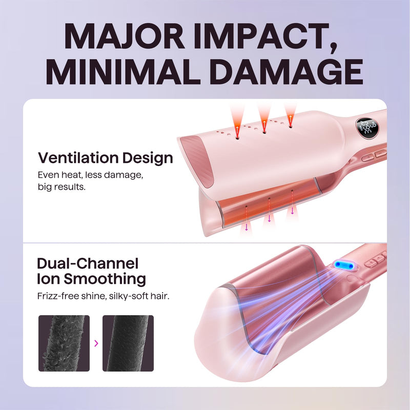 Wavytalk Power Wave Hair Crimper, Ionic Hair Waver for Less Heat Damage | Beach Waves Curling Wand, Crimping Iron, Ventilation Design for Less Damage, Ionic Reduces Frizz, Dual Voltage Curling Iron Pink
