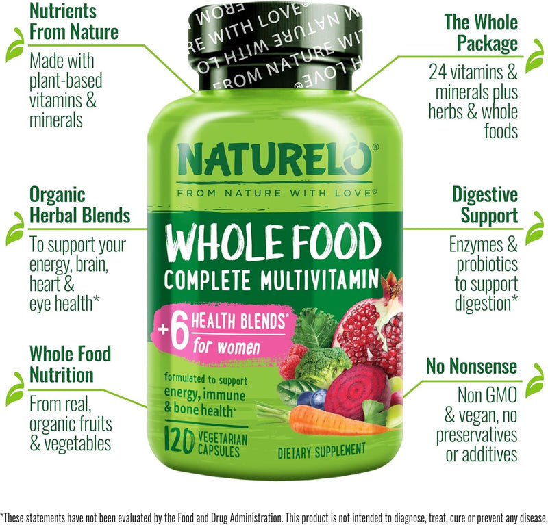 NATURELO Whole Food Multivitamin for Women - with Vitamins, Minerals, & Organic Extracts - Supplement for Energy and Heart Health - Non GMO - 120 Vegan Capsules 120 Count (Pack of 1)
