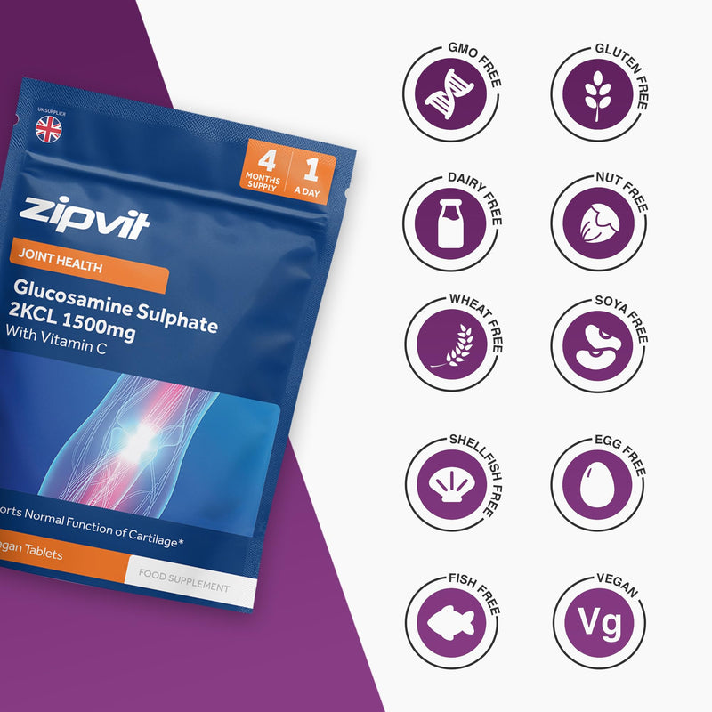 Zipvit Glucosamine Sulphate 2KCl 1500mg with Vitamin C, High Strength Joint Supplement, Supports Cartilage, Joints and Bones, Shellfish Free, 120 Vegan Tablets, 4 Month Supply, Eco Friendly Pouch
