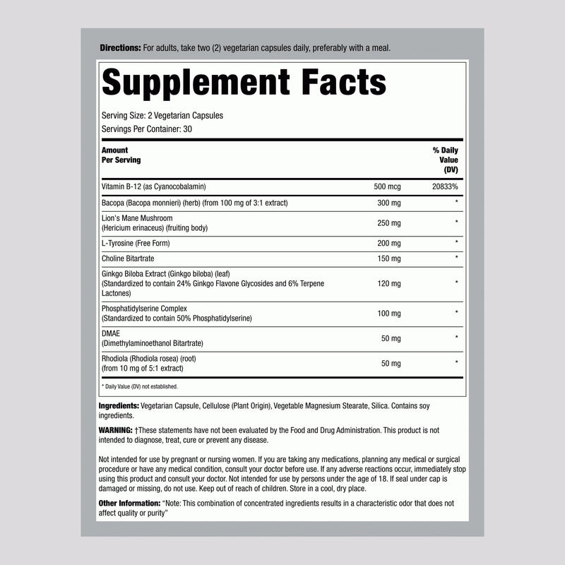 Lindberg Brain Support Supplement for Women and Men | 60 Capsules | Complex Pills | with Phosphatidylserine, Lion's Mane, Vitamin B12 | Vegetarian, Non-GMO, Gluten Free