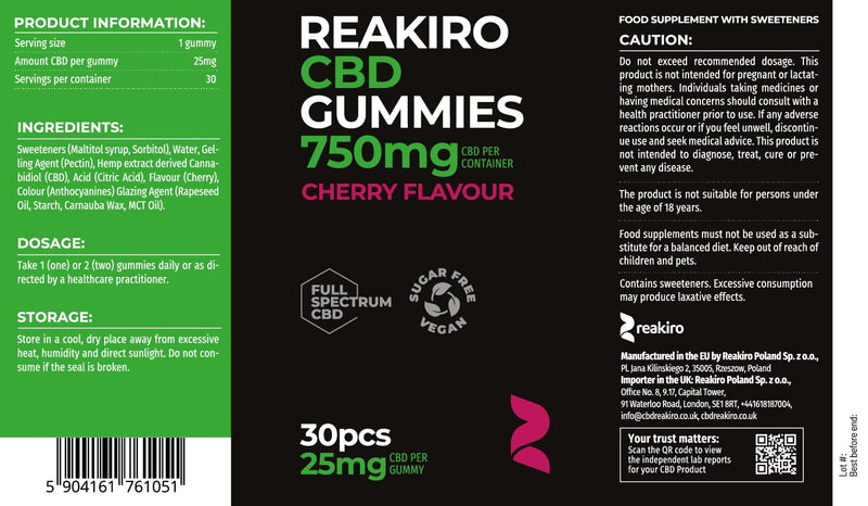 Reakiro CBD Vegan Gummies, 750mg, 30 Pieces, Cherry Flavour I 25mg per Gummy | 100% Vegan-Friendly CBD Edibles | High Strength | Stress & Anxiety Relief | Delicious Cherry Flavour 30 Capsules