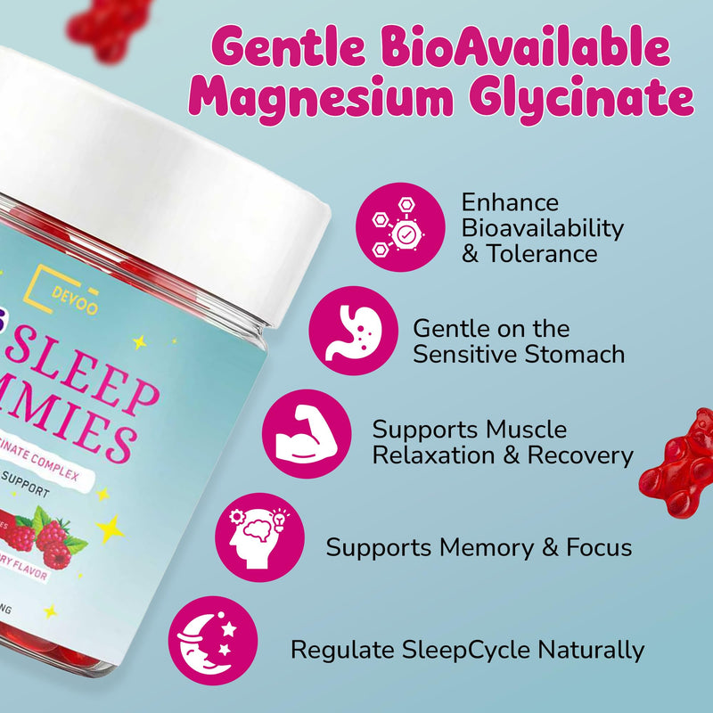DVEOO Natural Sleep Gummies for Kids – Raspberry Sleep Supplement with Magnesium Glycinate, Vitamin B6, C & D3, L-Theanine & Lemon Balm – 60 Sleep Gummies