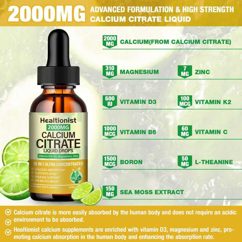 2 Packs 2000mg Calcium Citrate with Vitamin D3 K2 Supplements Liquid Drops for Women & Men, Magnesium, Zinc, High Absorption, Bone, Teeth, Muscle & Immune Support, 4 Fl oz 2 Fl Oz (Pack of 2)