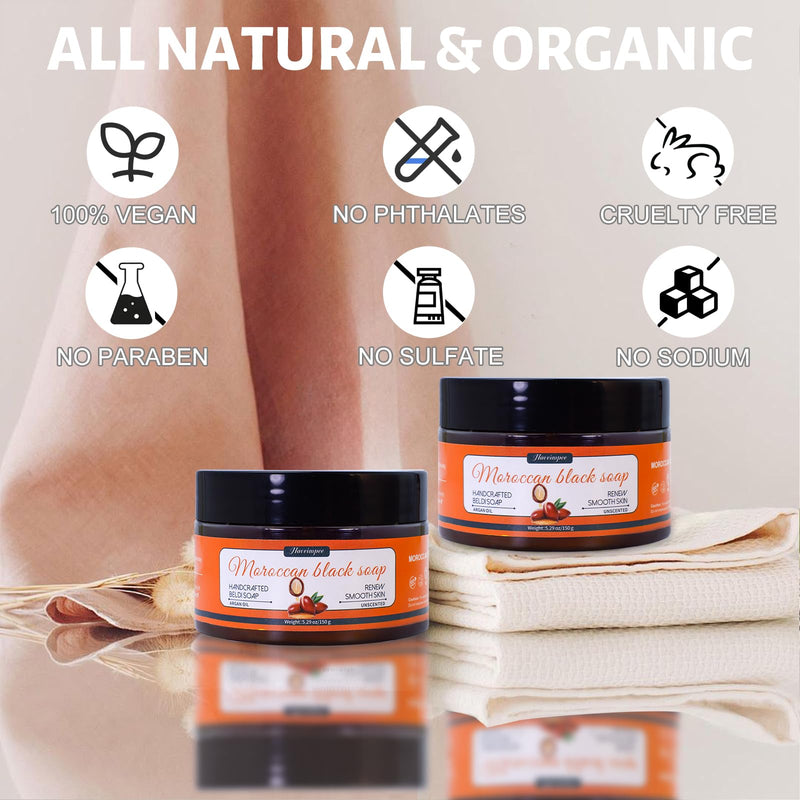 2 Pack Organic Moroccan Black Soap Soften Skin, Moisturizing Beldi Soap | with Argan Oil and Vitamin C Even Tone, Moroccan Hammam Kit, Fragrance Free, 5.29 oz/150 g