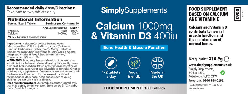 Calcium 1000mg & Vitamin D3 400iu | Supports Bone & Teeth Health | Contributes to Normal Muscle Function | Vegan & Vegetarian Friendly | 180 Tablets = 3 Months’ Supply | GMP-Certified & UK-Made Unflavoured 1 count (Pack of 180)