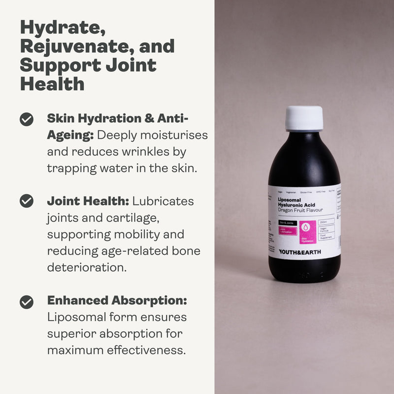 Youth & Earth Liposomal Hyaluronic Acid Liquid - Pure Hyaluronic Acid Supplements for Natural Skin Hydration & Joint Supplements for Men & Women - 100% Vegan Formula Dragon Fruit Flavor - 250ml