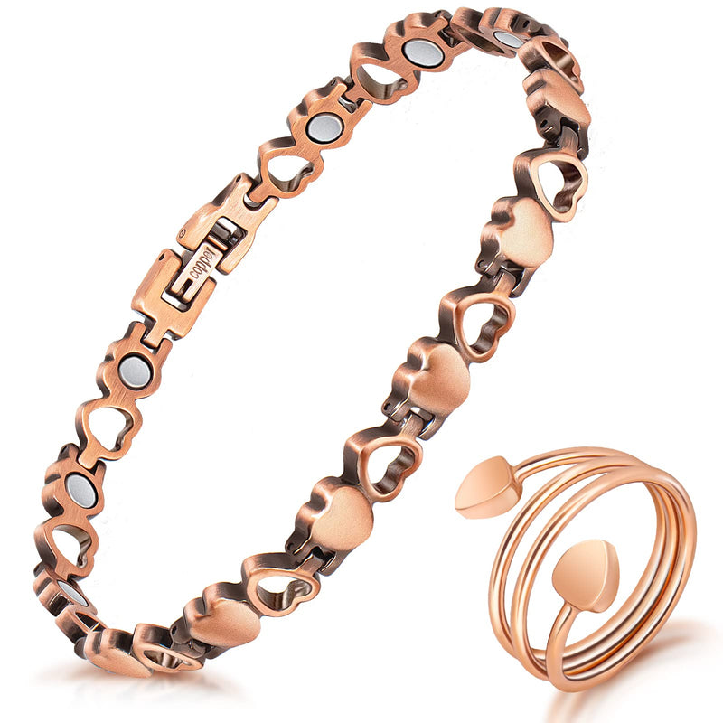 [Australia] - Magnetic Copper Bracelets for Women Lymph Detox Magnetic Bracelets, 100% Solid Pure Copper Bracelet with 3500 Gauss Magnets & Lymphatic Drainage Ring with Adjustment Tool Love Heart 