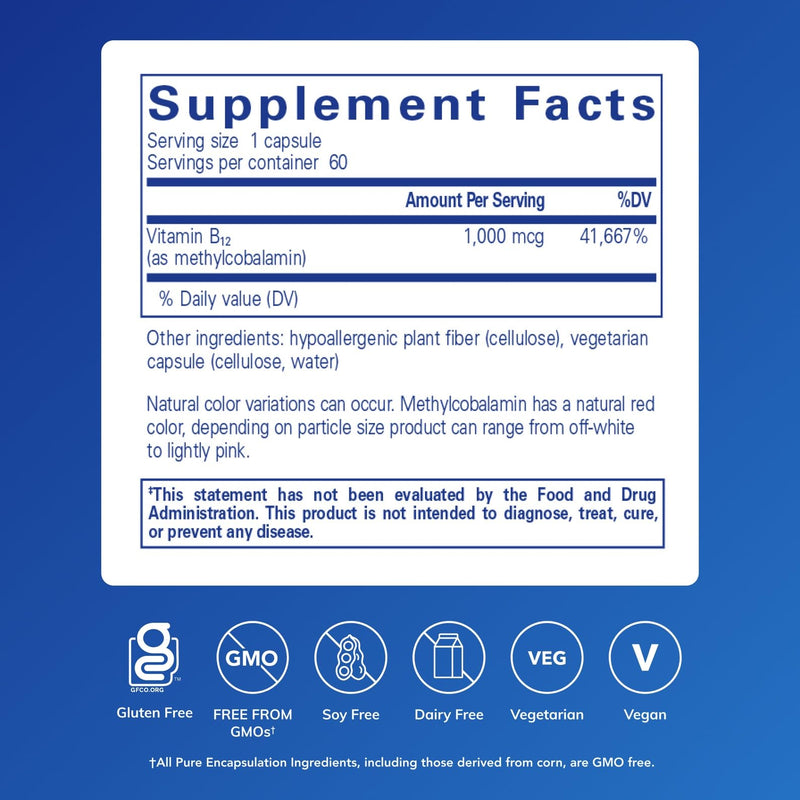 Pure Encapsulations Methylcobalamin 1,000 mcg - Vitamin B12 Supplement to Support Memory & Nerve Health* - Premium Vitamin B12 Capsules - 60 Capsules Unflavored 60 Count (Pack of 1)