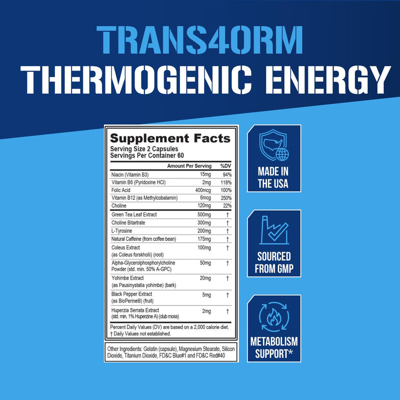 EVL Trans4orm - Thermogenic Fat Burner Support for Men & Women- 60 Servings | Fast Acting Weight Loss Energy and Appetite Support - Green Tea Supplement for Men and Women 120 Count (Pack of 1)