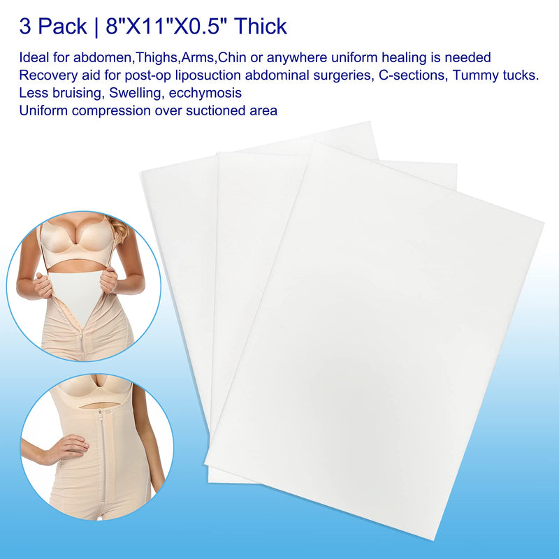 [Australia] - 3 Pack Lipo Foam - Post Surgery Ab Board for Use with Post Liposuction Surgery Flattening Abdominal Compression Garments Liposuction Foam pads for Recovery 8"X11" White 
