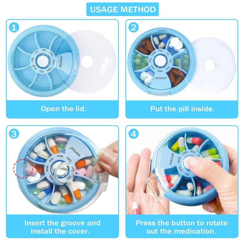 INVODA Weekly Pill Organizer with 77 Pre-Cut Medication Labels – 7 Compartment Rotating Medicine Box Daily Pill Case for Vitamins, Fish Oil & Prescriptions – BPA-Free Plastic – Compact Travel Size Blue+med Labels
