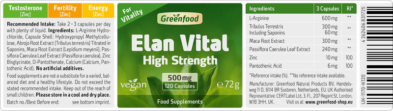 Greenfood Elan Vital, 500 mg, 120 Capsules, Vegan - with high-dose Plant extracts and zinc (contributes to Normal Fertility and Reproduction). Without Artificial additives. Without GMO.